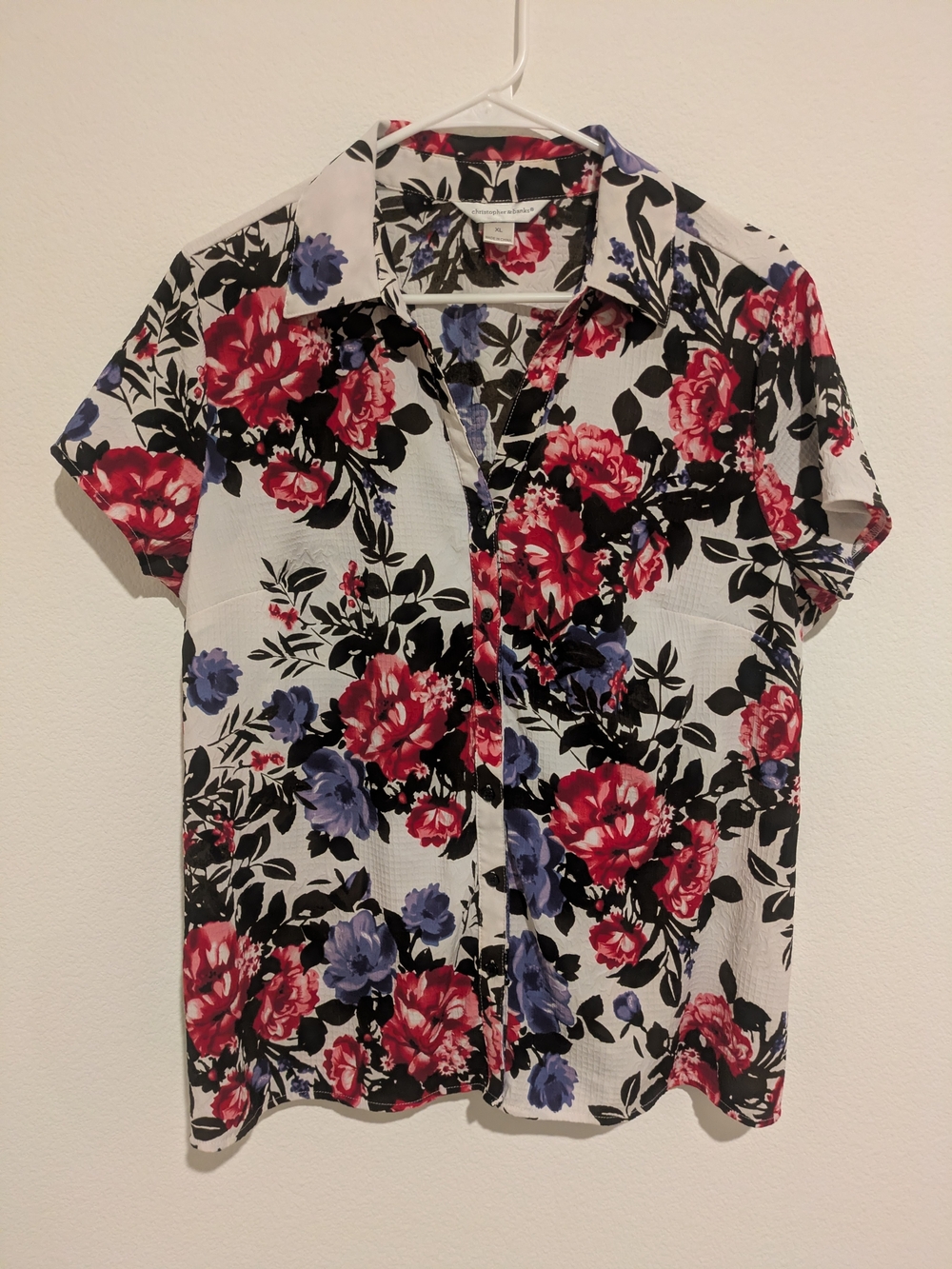 Christopher & Banks XL Floral Short-Sleeve Button-Down Shirt - Red, Blue & Black